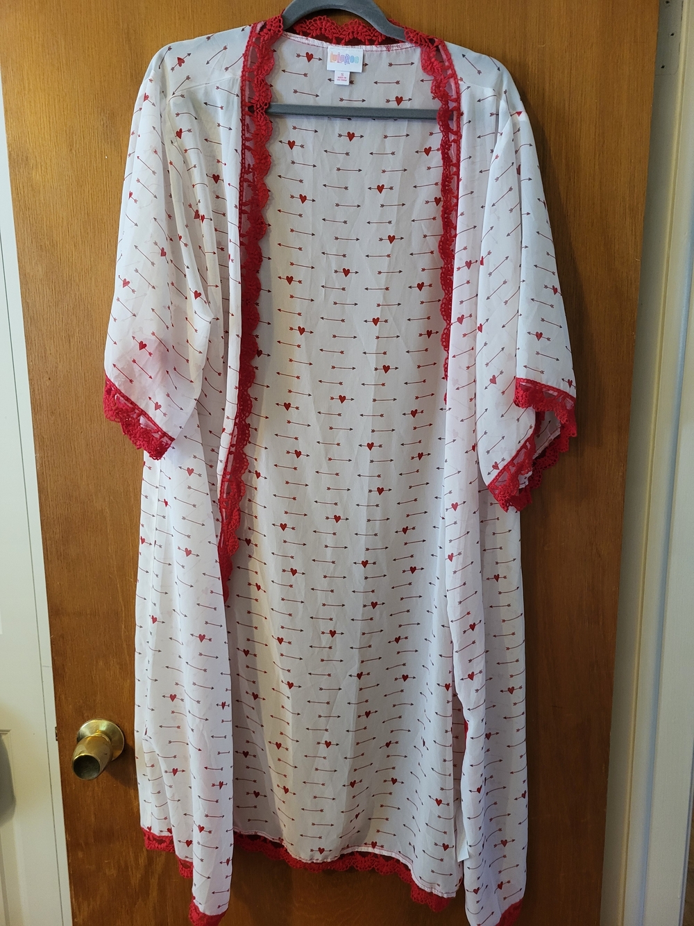 LuLaRoe White Robe with Red Heart & Arrow Print and Red Lace